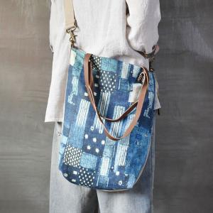 Street Style Blue Painted Tote Cotton Linen Patterned Shoulder Bag