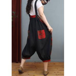Cotton Linen Rose Printed Red Overalls Backless Vintage Overalls