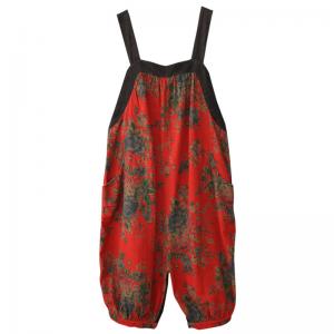 Cotton Linen Rose Printed Red Overalls Backless Vintage Overalls