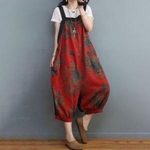 Cotton Linen Rose Printed Red Overalls Backless Vintage Overalls