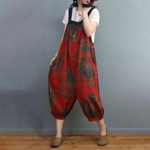 Cotton Linen Rose Printed Red Overalls Backless Vintage Overalls