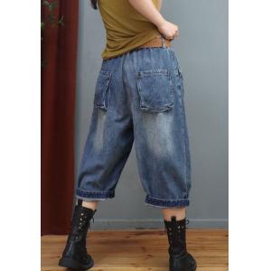 Elastic Waist Stone Wash Jeans Straight Legs Cropped Jeans