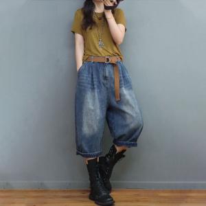 Elastic Waist Stone Wash Jeans Straight Legs Cropped Jeans