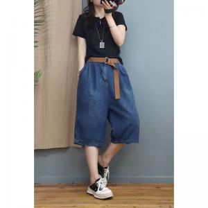 Casual Style Blue Ladies Jeans Baggy Straight Leg Cropped Jeans