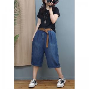 Casual Style Blue Ladies Jeans Baggy Straight Leg Cropped Jeans