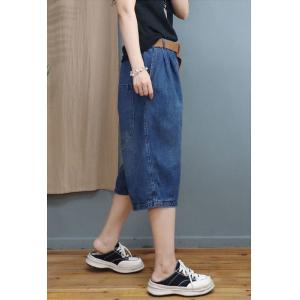 Casual Style Blue Ladies Jeans Baggy Straight Leg Cropped Jeans