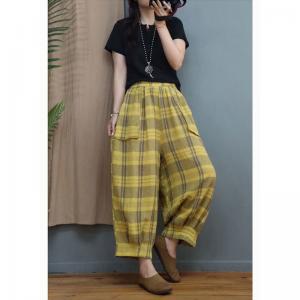 Scottish Style Classic Tartan Pants Cotton Linen Gingham Bloomer Pants