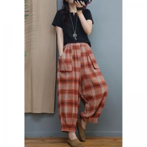 Scottish Style Classic Tartan Pants Cotton Linen Gingham Bloomer Pants