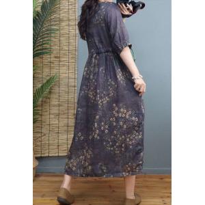 Loose-Fit Ramie Floral Dress Mid-Calf Front Tied Dress