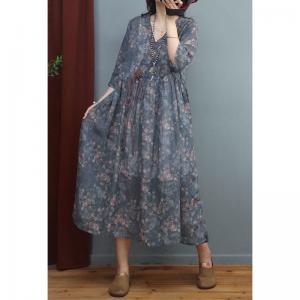 Floral Tied High Waist Dress Ramie Chinese Kimono Dress