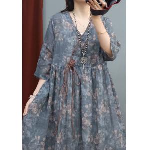 Floral Tied High Waist Dress Ramie Chinese Kimono Dress