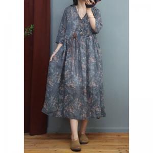 Floral Tied High Waist Dress Ramie Chinese Kimono Dress