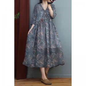 Floral Tied High Waist Dress Ramie Chinese Kimono Dress