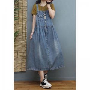 Chest Pockets Light Wash Dress Korean A-Line Overall Dress