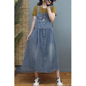 Chest Pockets Light Wash Dress Korean A-Line Overall Dress