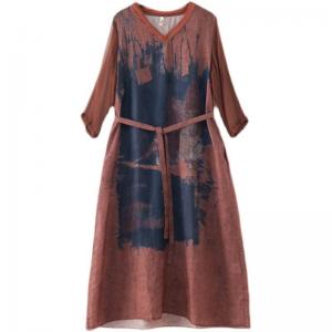 Mulberry Silk Sleeves V-Neck Shift Dress Ramie Printed Front Tied Dress