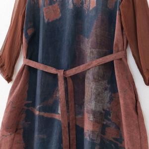Mulberry Silk Sleeves V-Neck Shift Dress Ramie Printed Front Tied Dress