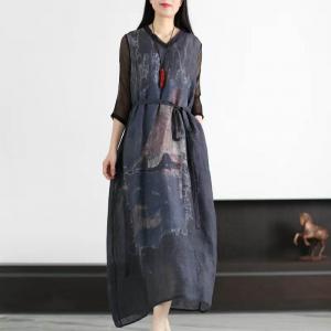 Mulberry Silk Sleeves V-Neck Shift Dress Ramie Printed Front Tied Dress