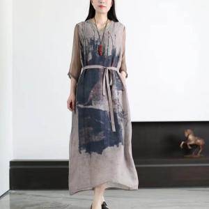 Mulberry Silk Sleeves V-Neck Shift Dress Ramie Printed Front Tied Dress