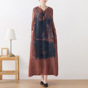 Mulberry Silk Sleeves V-Neck Shift Dress Ramie Printed Front Tied Dress