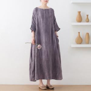 Half Sleeve Loose Linen Dress Plus Size Beach Embroidered Clothing
