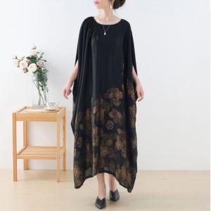 Golden Flowers Black Caftan Dress Flouncing Pleated Moroccan Dress