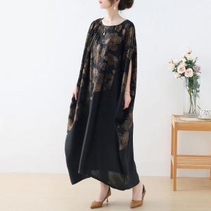 Golden Flowers Black Caftan Dress Flouncing Pleated Moroccan Dress