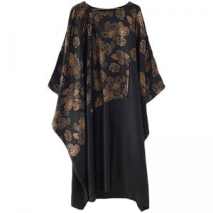 Golden Flowers Black Caftan Dress Flouncing Pleated Moroccan Dress