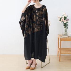 Golden Flowers Black Caftan Dress Flouncing Pleated Moroccan Dress