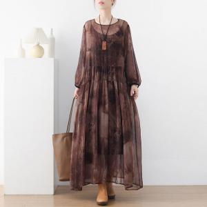 See-Through Printed Elegant Dress Silk Beach Maxi Dress with Camisole