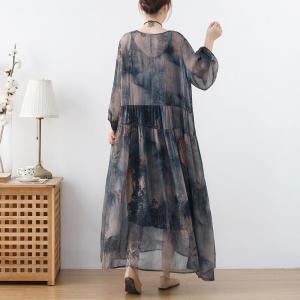 See-Through Printed Elegant Dress Silk Beach Maxi Dress with Camisole