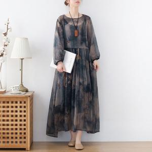 See-Through Printed Elegant Dress Silk Beach Maxi Dress with Camisole