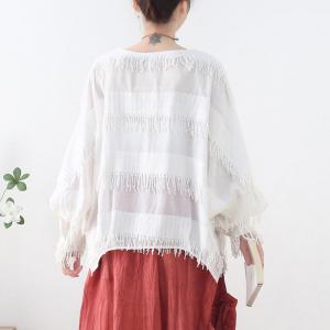 City Chic Cotton T-shirt Neutral Colored Fringed Blouse