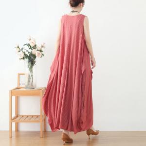 Asymmetrical Pinstriped Sundress Cotton Linen Maxi Dress