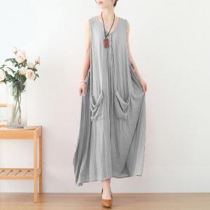 Asymmetrical Pinstriped Sundress Cotton Linen Column Dress