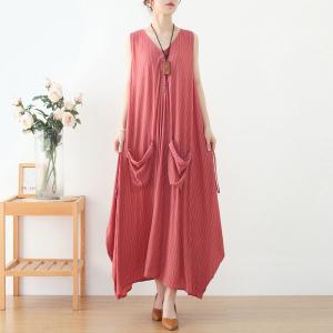 Asymmetrical Pinstriped Sundress Cotton Linen Column Dress