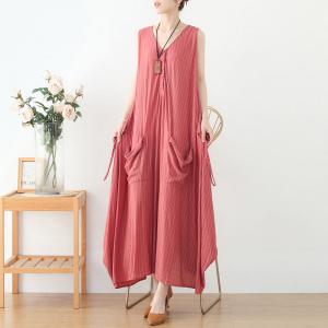 Asymmetrical Pinstriped Sundress Cotton Linen Maxi Dress