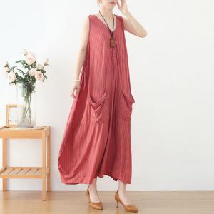 Asymmetrical Pinstriped Sundress Cotton Linen Column Dress