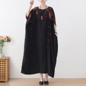 Chinese Frog Buttons Black Dress Plus Size Printed Caftan