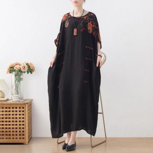 Chinese Frog Buttons Black Dress Plus Size Printed Caftan