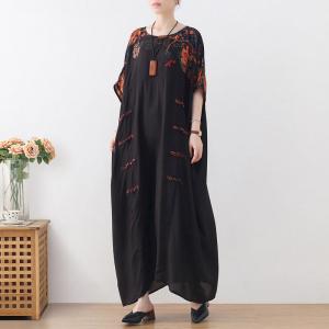 Chinese Frog Buttons Black Dress Plus Size Printed Caftan
