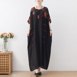 Chinese Frog Buttons Black Dress Plus Size Printed Caftan
