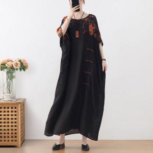 Chinese Frog Buttons Black Dress Plus Size Printed Caftan