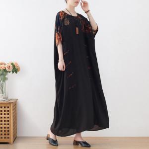 Chinese Frog Buttons Black Dress Plus Size Printed Caftan