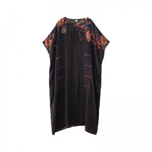 Chinese Frog Buttons Black Dress Plus Size Printed Caftan
