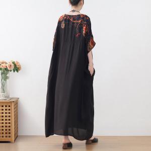 Chinese Frog Buttons Black Dress Plus Size Printed Caftan