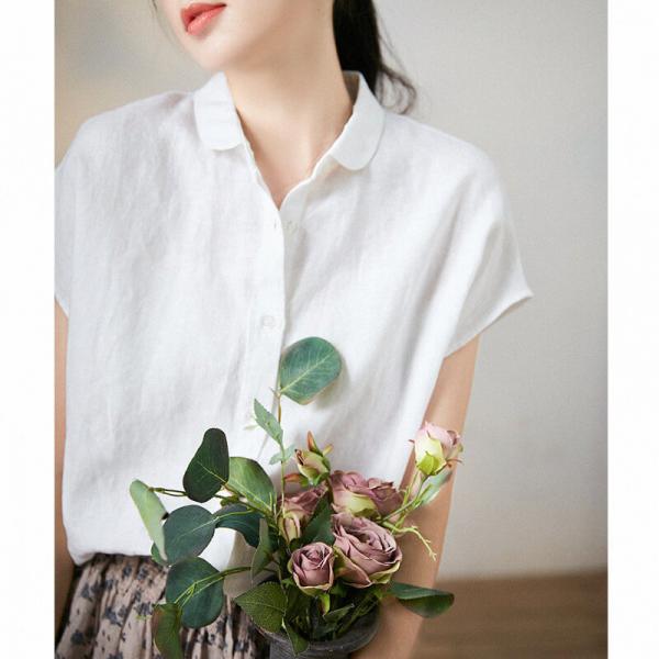 Business Casual Short Sleeves White Shirt Linen Cool Summer Blouse