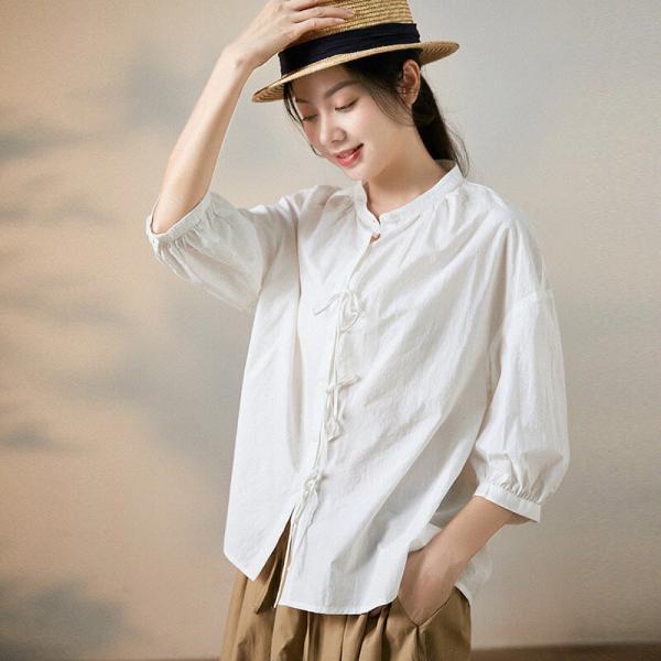 Casual Style White Work Shirt Cotton Tied Shirt for Women