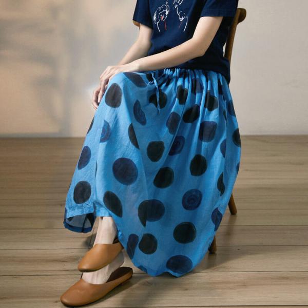 Plant Dyeing Blue A-Line Skirt Loose Ramie Polka Dot Skirt