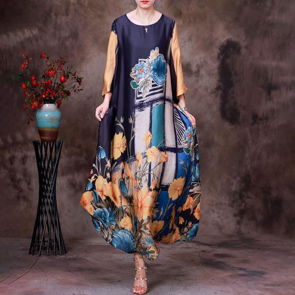 Pop Colored Flowers Silk Dress Loose Vintage Maxi Dress